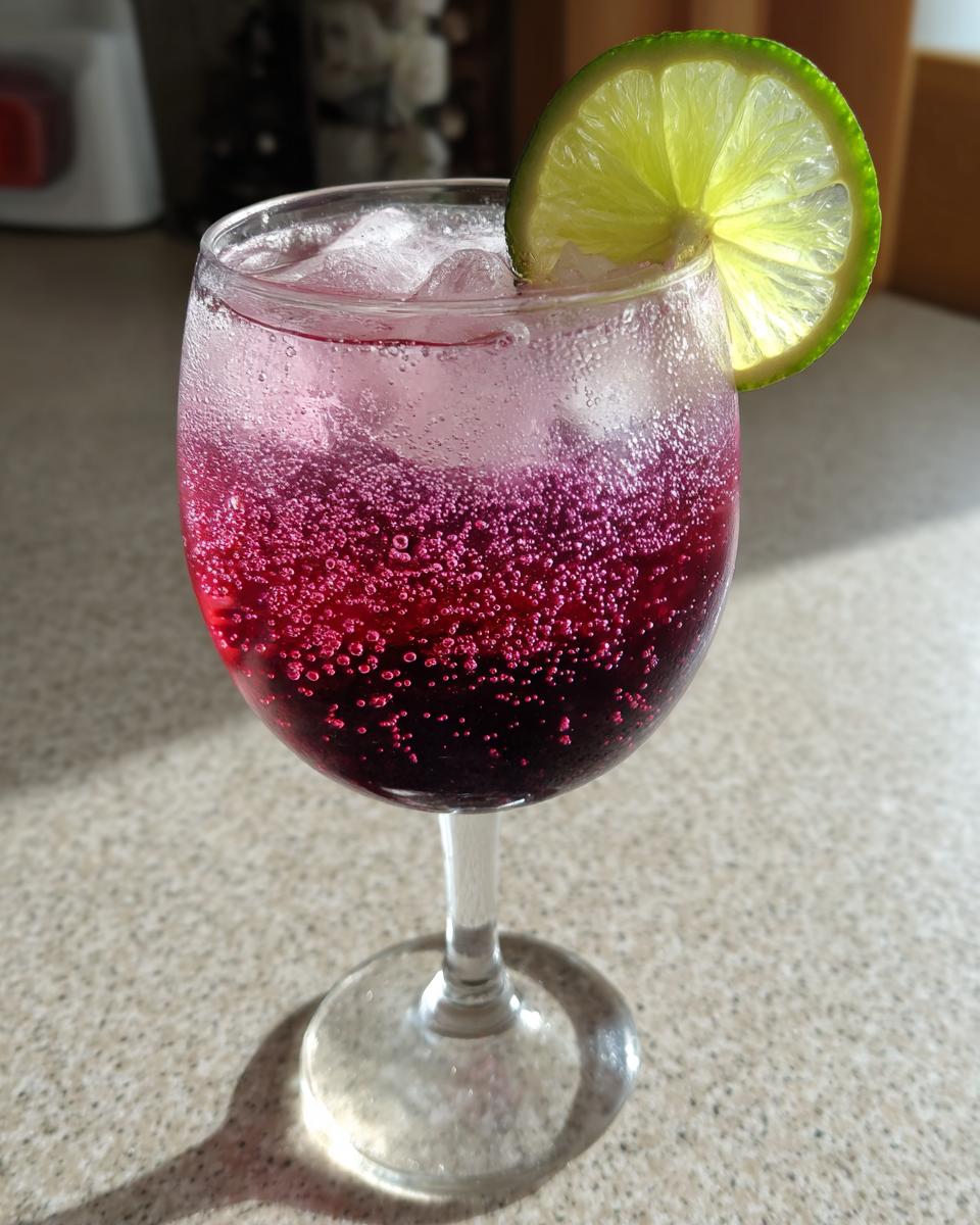 A close-up of a vibrant, bubbly Yuletide Daisy Cocktail layered with deep red/purple liquid and ice, garnished with a fresh lime wheel.