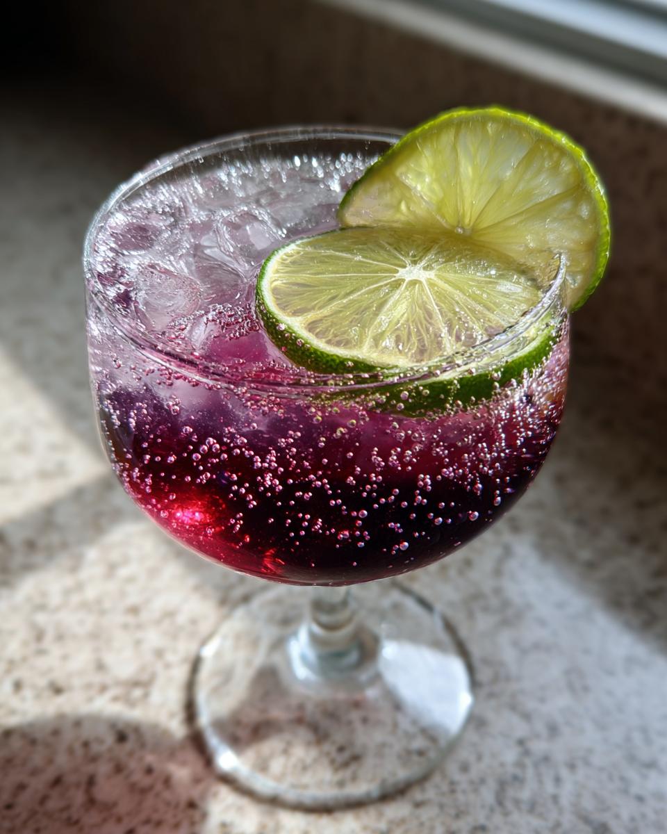 Close-up of a fizzy, deep purple Yuletide Daisy Cocktail garnished with two bright lime slices.