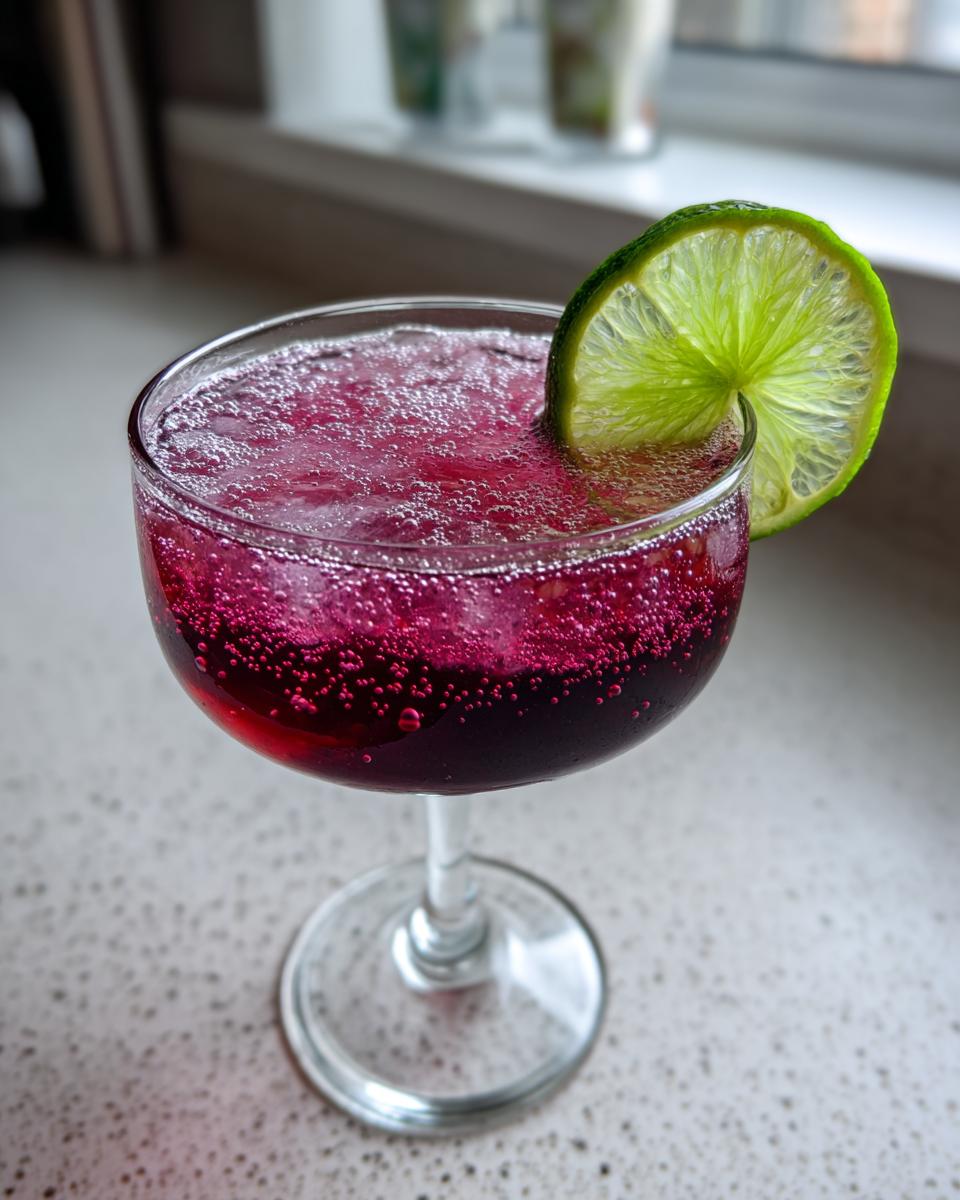 A vibrant, deep magenta Yuletide Daisy Cocktail in a coupe glass, garnished with a bright lime wheel.