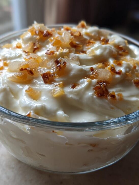 Close-up of creamy 3 Ingredient Vidalia Onion Dip topped with caramelized onion pieces in a clear glass bowl.