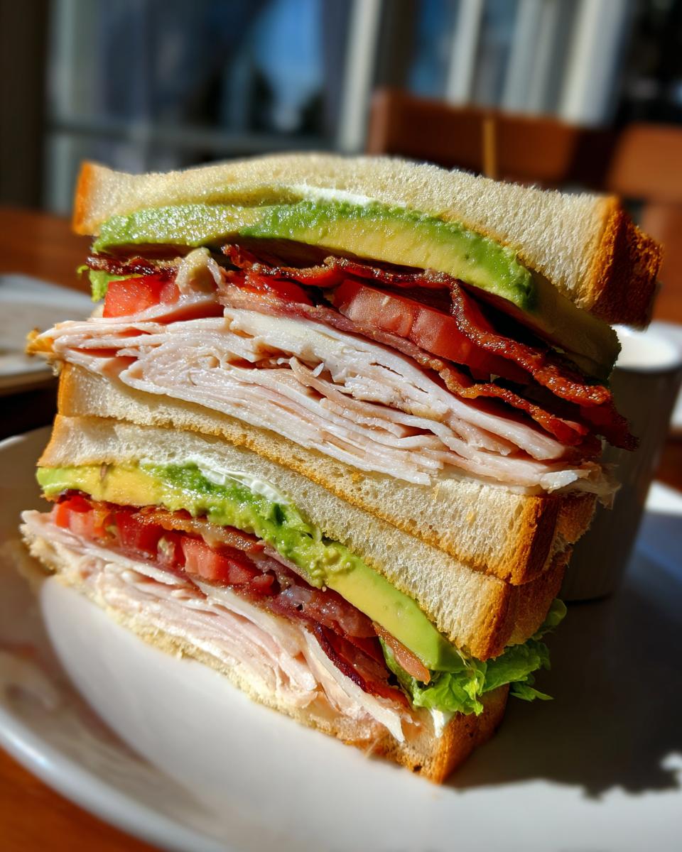 A tall, three-slice Turkey Avocado Club Sandwich cut in half, showing layers of turkey, bacon, tomato, avocado, and lettuce.