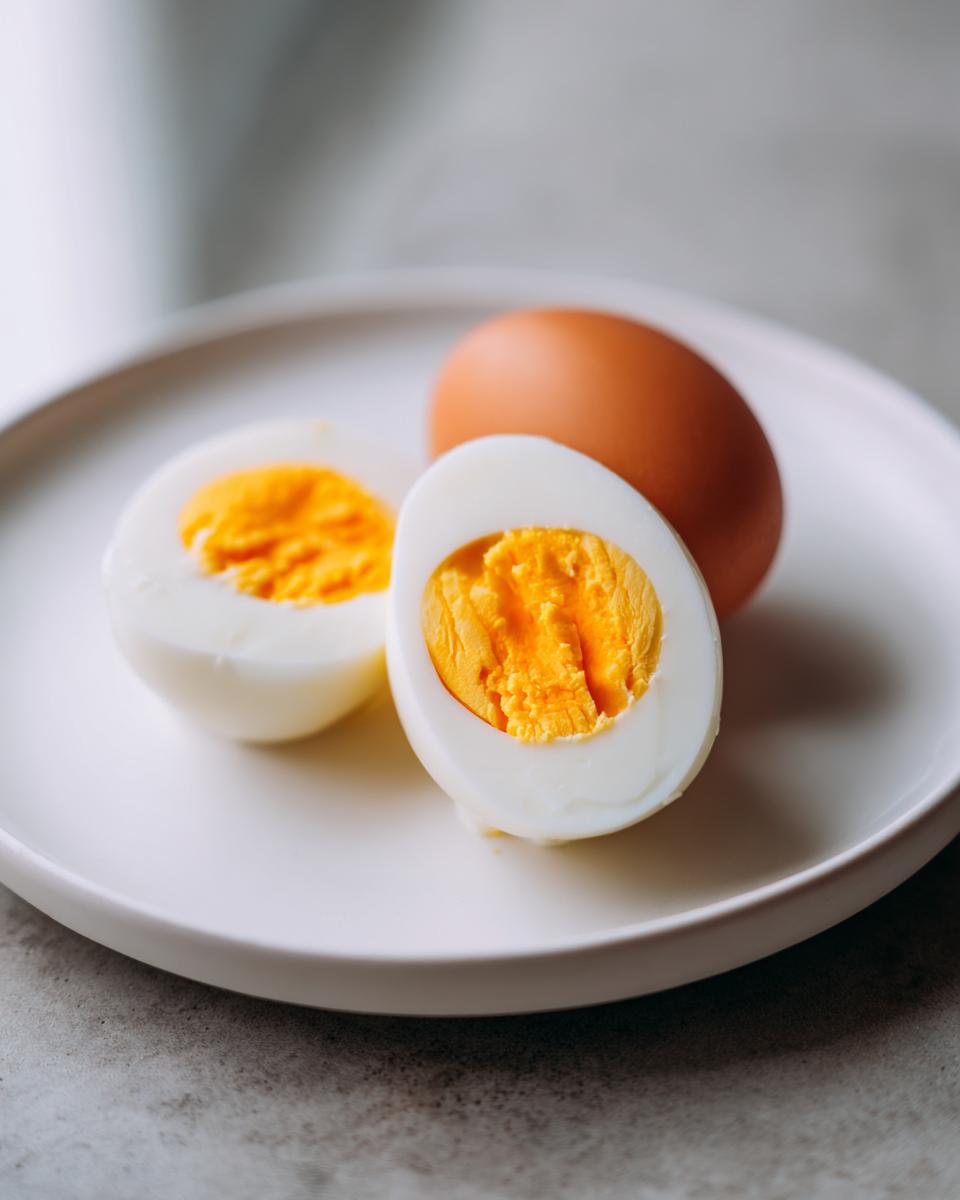 Two halves of a hard-boiled egg showing bright orange yolks, next to one whole brown egg, demonstrating results of Preparing Boiled Eggs Using An Air Fryer.