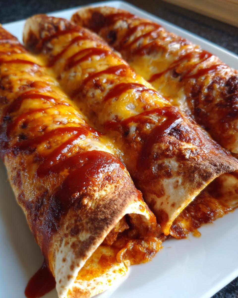 Close-up of three freshly cooked Cheese Enchiladas topped with melted cheddar and drizzled with red sauce.