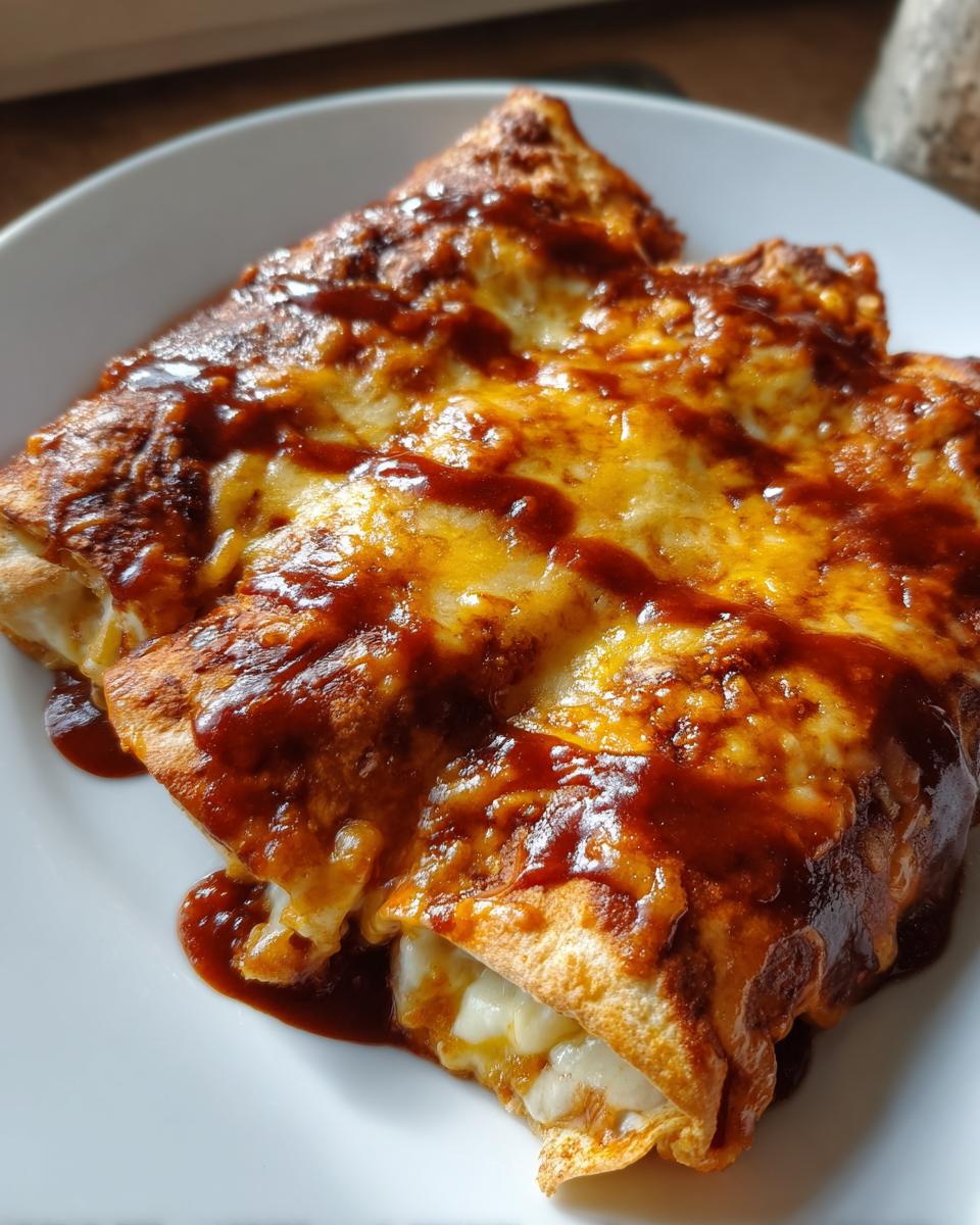 Close-up of two cheesy, saucy cheese enchiladas fresh from the air fryer on a white plate.