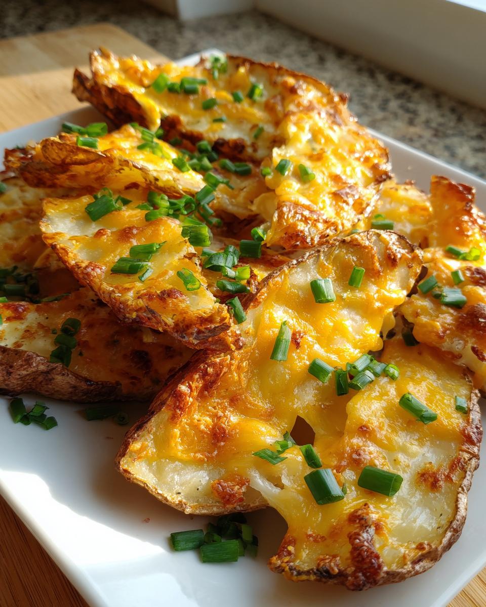 Close-up of crispy Air Fryer Cheesy Potato Wedges topped with melted cheddar and fresh green chives.
