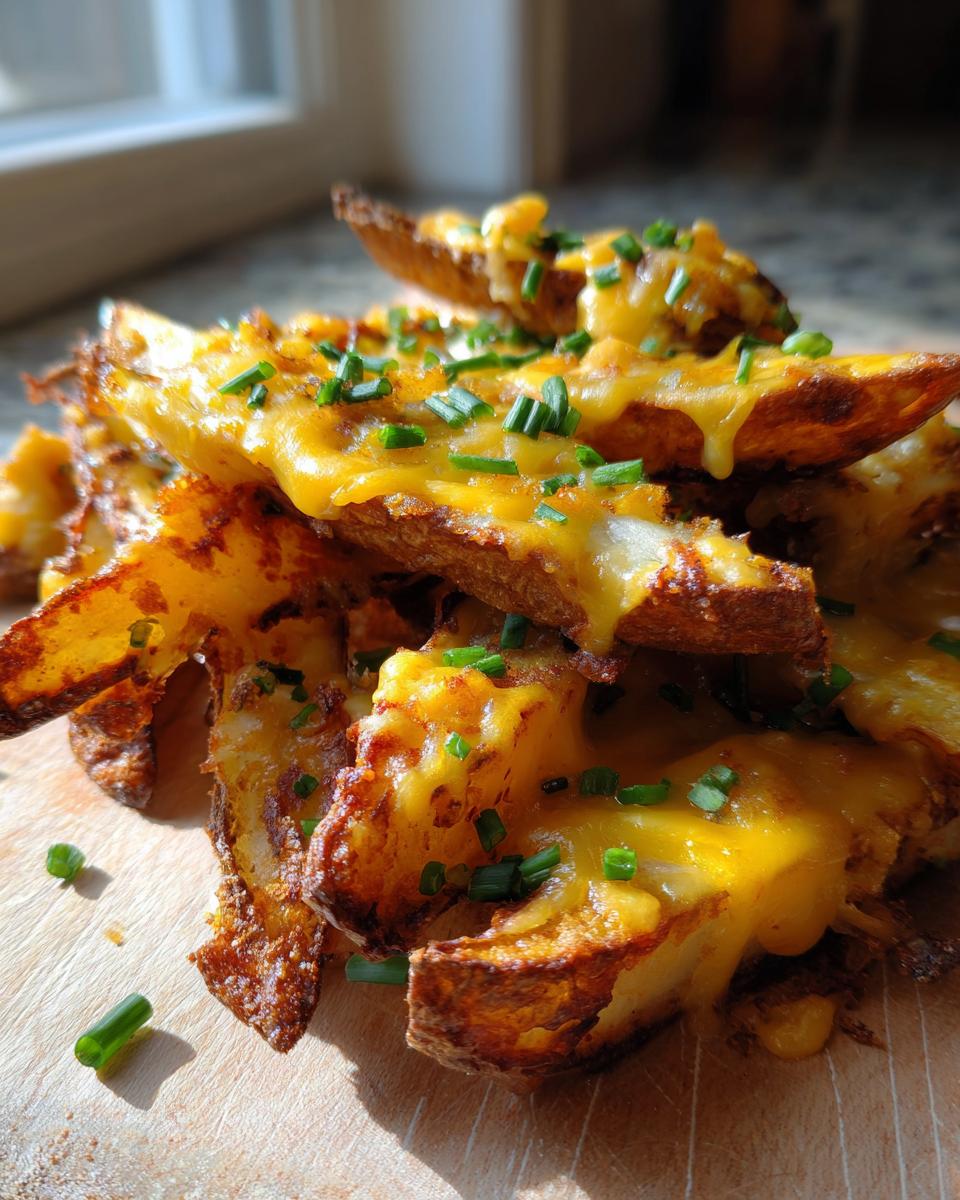 A close-up of crispy Air Fryer Cheesy Potato Wedges topped with melted cheddar and fresh green chives.