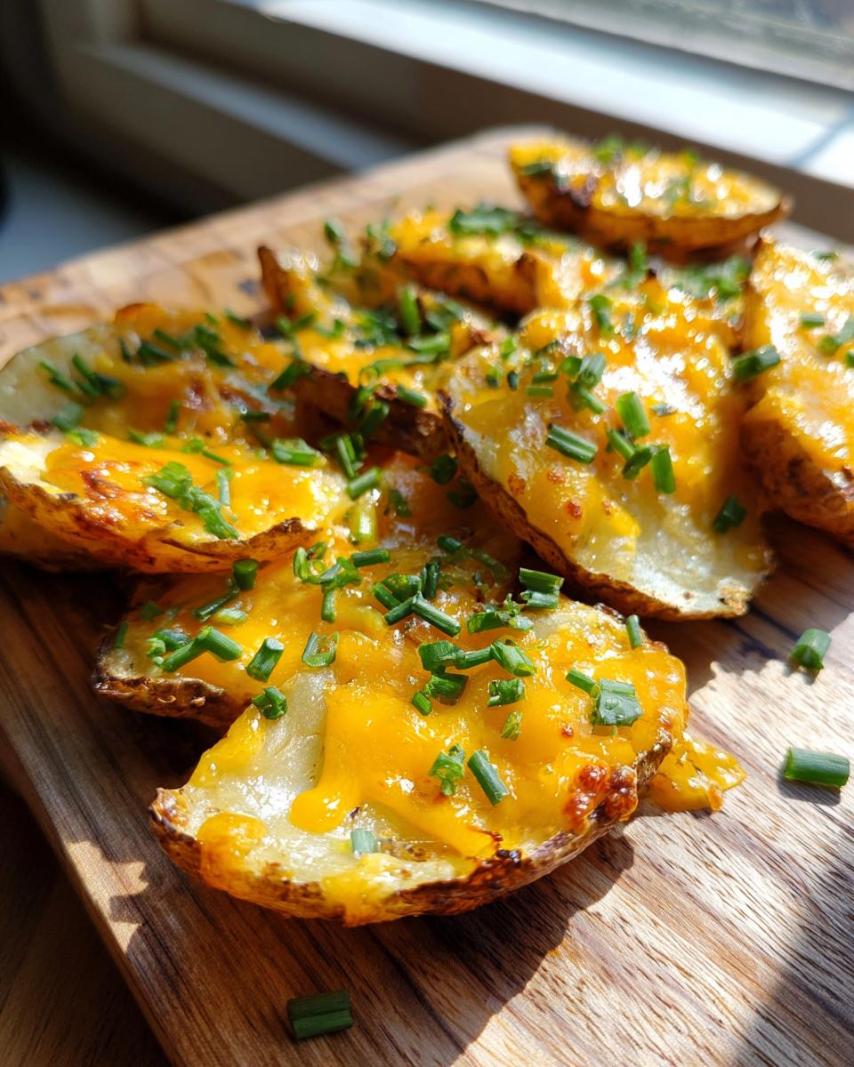 Close-up of crispy Air Fryer Cheesy Potato Wedges topped with melted cheddar cheese and fresh green chives.