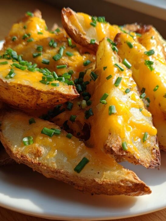 A plate of golden brown Air Fryer Cheesy Potato Wedges topped with melted cheddar cheese and fresh chopped chives.