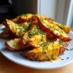 A plate piled high with crispy Air Fryer Cheesy Potato Wedges topped with melted cheddar and fresh chopped chives.