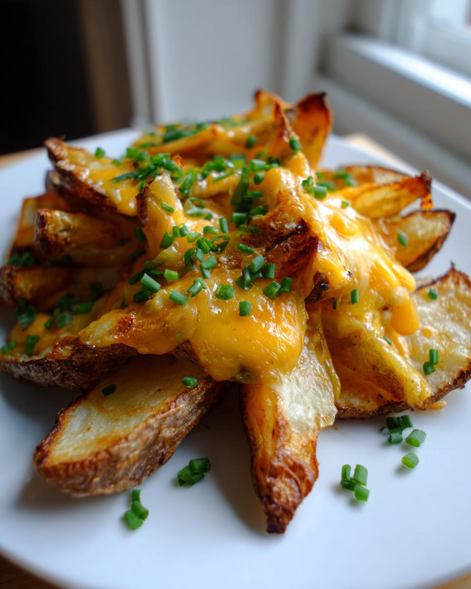 A pile of crispy Air Fryer Cheesy Potato Wedges topped with melted cheddar cheese and fresh chopped chives.