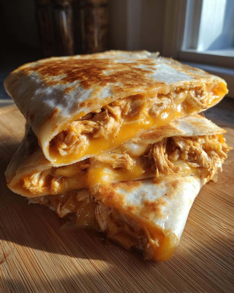 Close-up of stacked, golden-brown chicken quesadillas oozing with melted cheese, perfect for preparing chicken quesadillas.