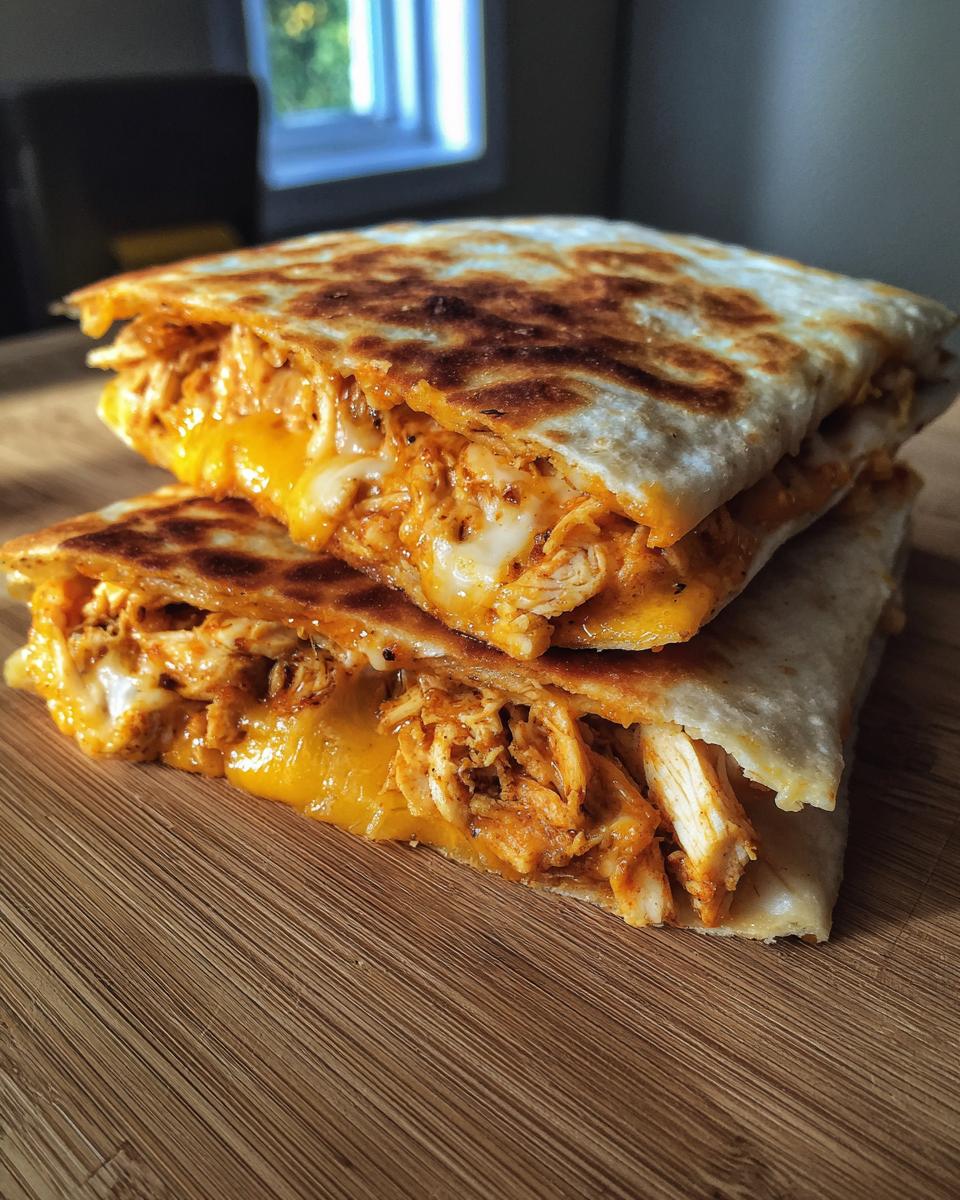 Close-up of two halves of a golden-brown chicken quesadilla overflowing with melted cheese and shredded chicken, ready for Preparing Chicken Quesadillas Using An Air Fryer.