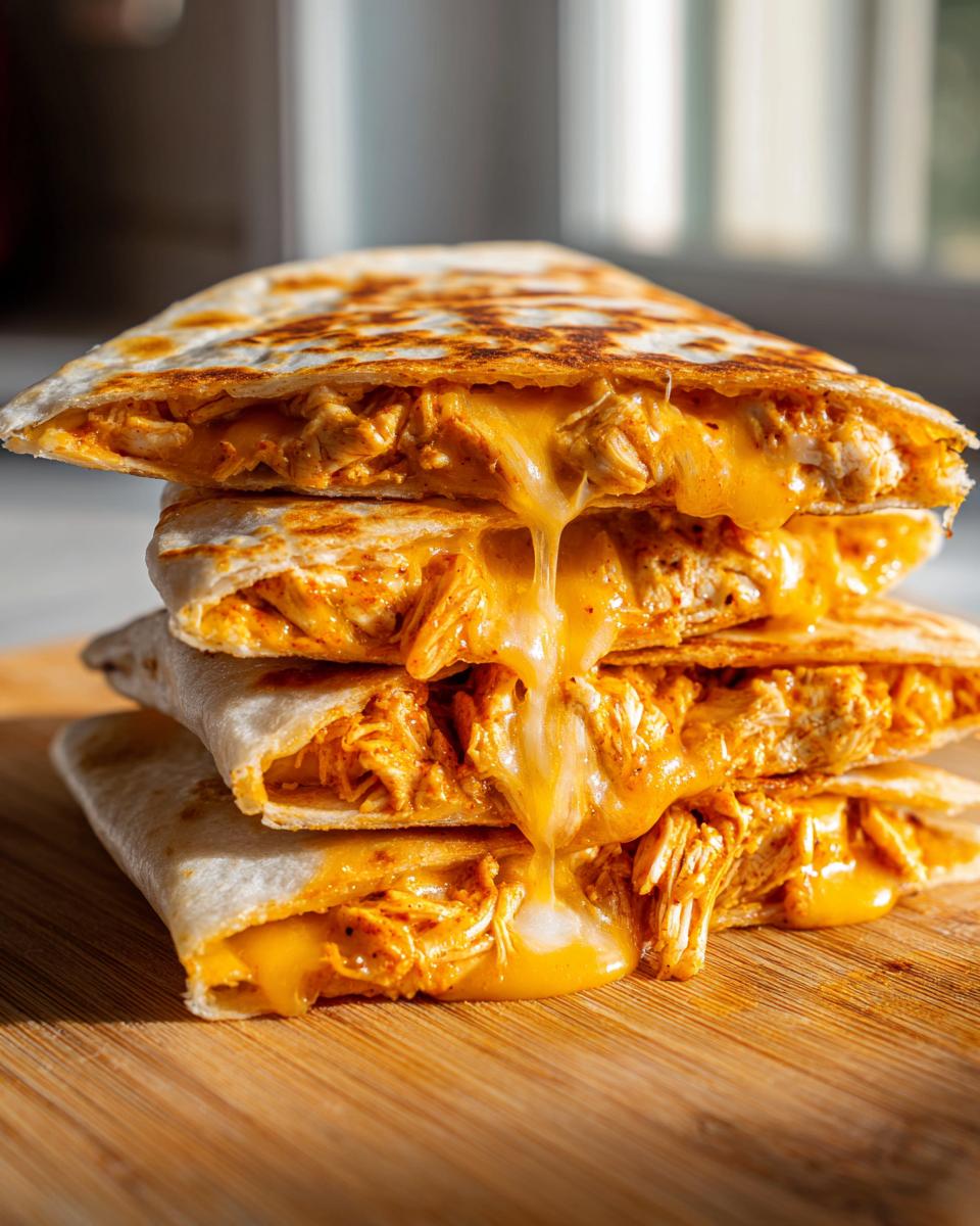 Stack of four perfectly cooked chicken quesadillas showing melted cheese oozing out while preparing chicken quesadillas using an air fryer.