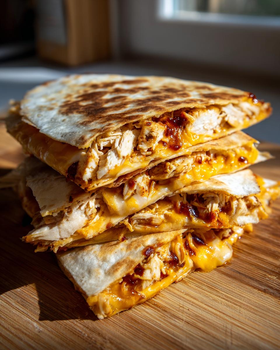 A stack of four crispy, golden-brown quarters of chicken quesadillas filled with shredded chicken and melted cheese.