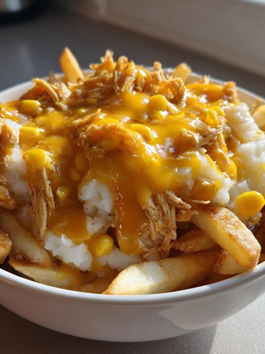 A white bowl filled with an Air Fryer Copycat KFC Famous Bowl featuring fries, mashed potatoes, shredded chicken, corn, and cheese sauce.