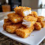 A pile of golden brown, crispy frozen fish sticks cooked in an air fryer, with one broken open showing white flaky fish inside.