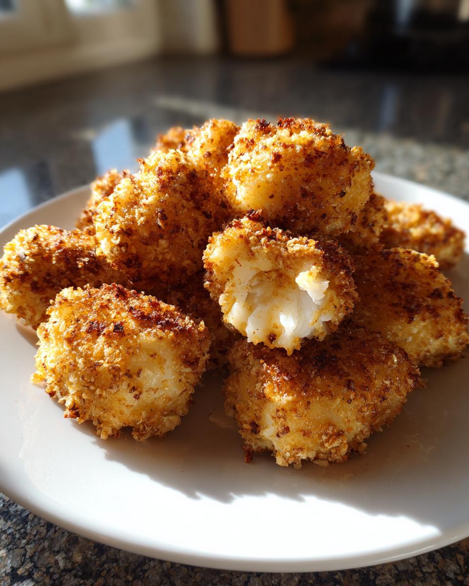 A pile of golden brown, crispy air fryer frozen fish sticks on a white plate, one broken open showing white fish inside.