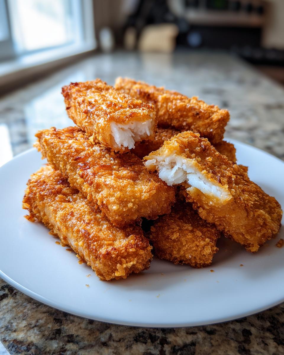 A pile of golden brown, crispy frozen fish sticks cooked using an air fryer, one is broken open showing white flaky fish inside.
