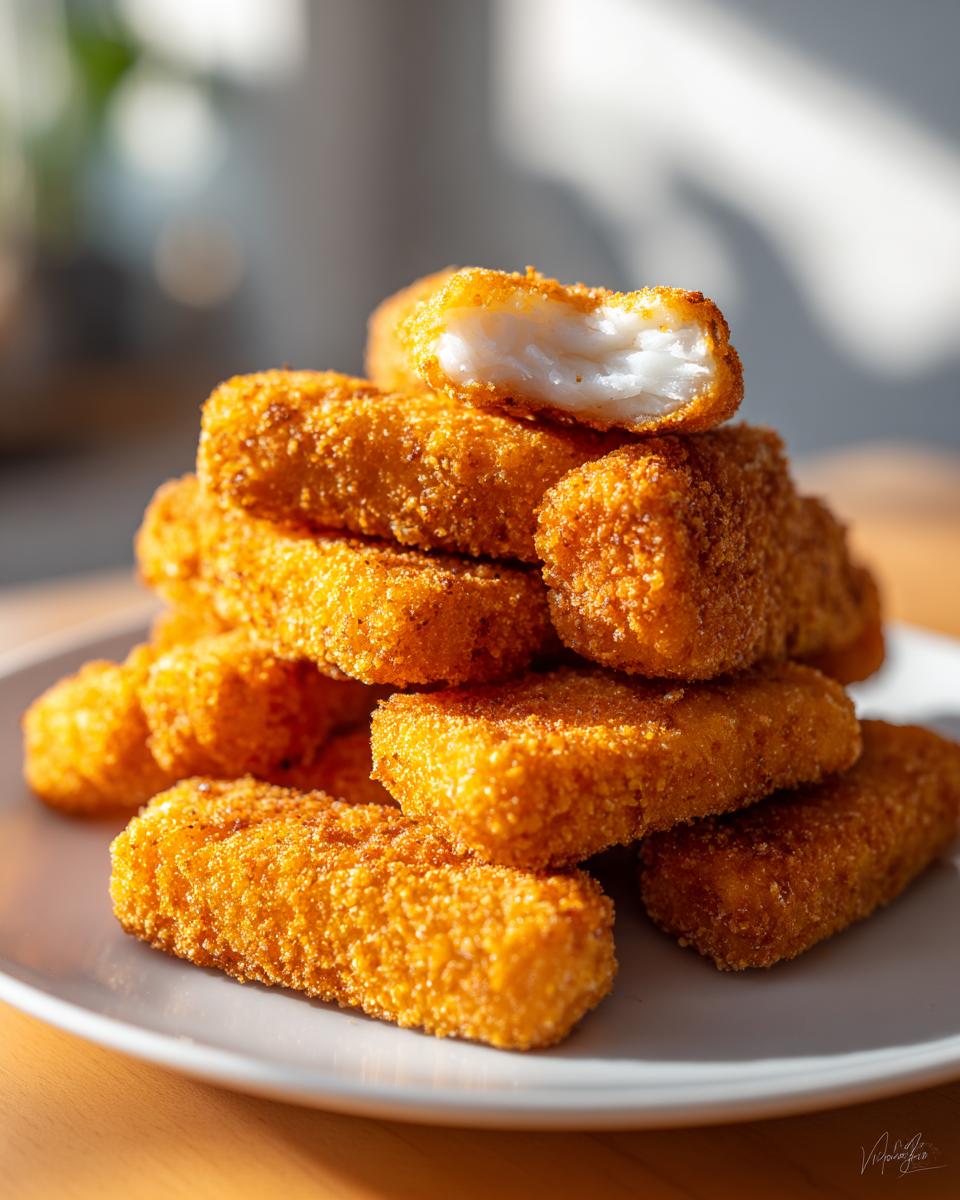 A stack of golden, crispy frozen fish sticks cooked in an air fryer, one broken open showing white fish inside.