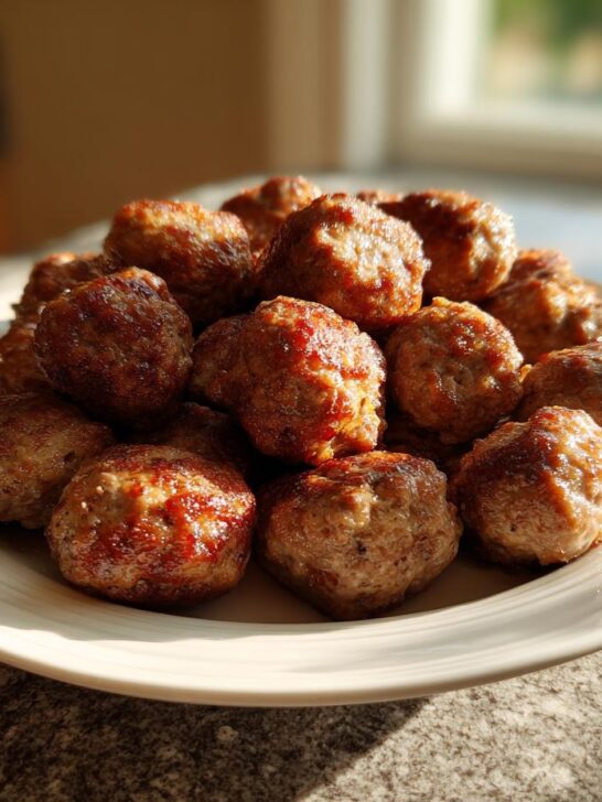 A pile of golden-brown, perfectly cooked frozen meatballs using an air fryer, served on a white plate.