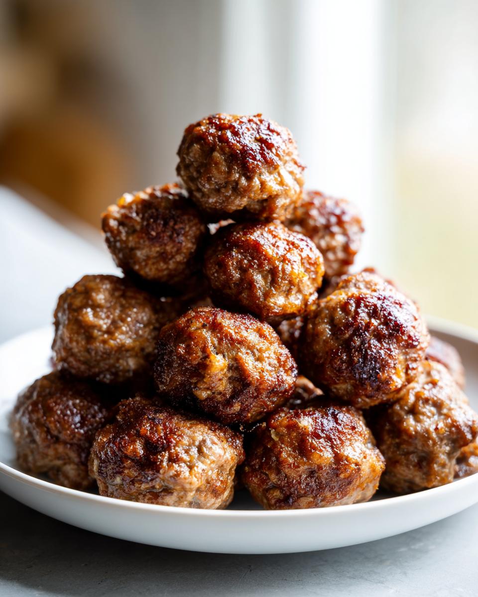 A tall pile of browned, juicy meatballs cooked using the method for Preparing Frozen Meatballs Using An Air Fryer.