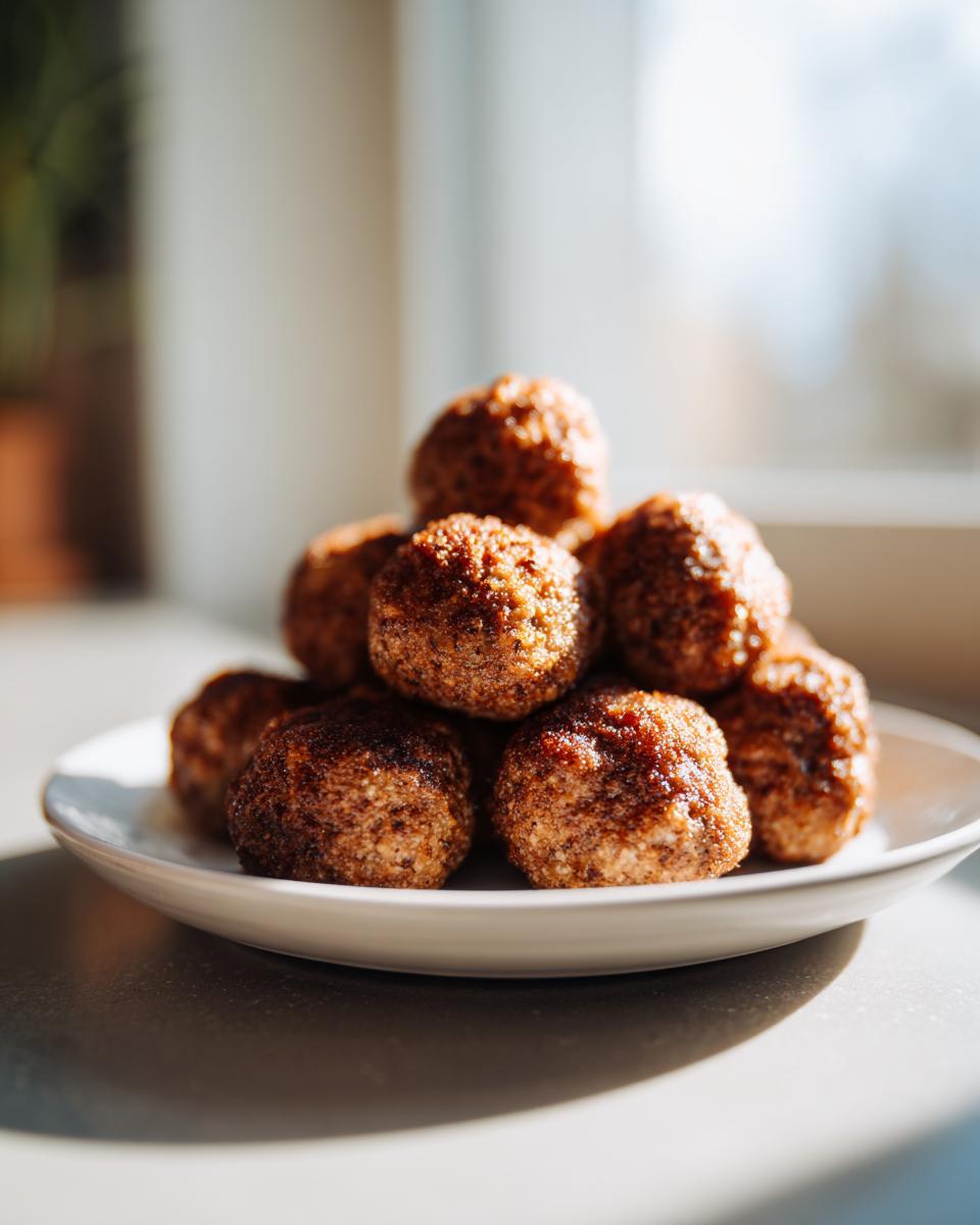 A stack of perfectly cooked, crispy frozen meatballs made using an air fryer, resting on a small white plate.