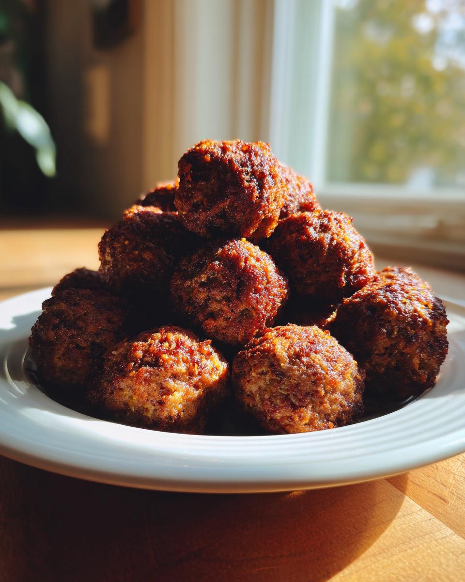 A pile of crispy, browned frozen meatballs cooked using an air fryer, served on a white plate.