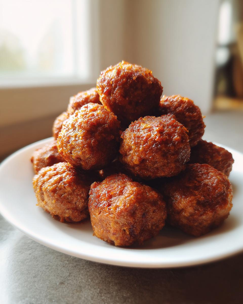 A close-up of crispy, browned meatballs stacked high on a white plate, showing the results of Preparing Frozen Meatballs Using An Air Fryer.