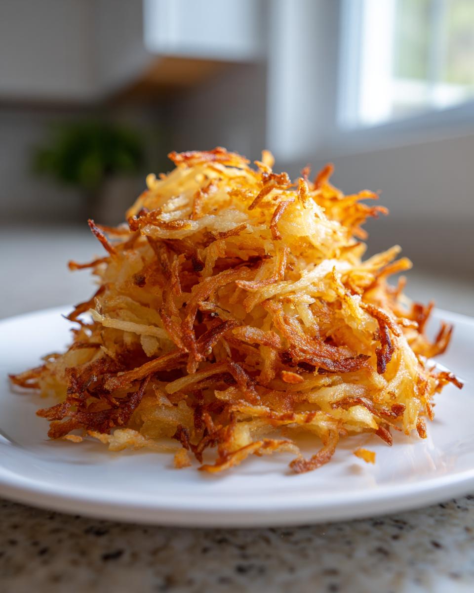 A mound of perfectly crispy, golden-brown Air Fryer Hash Brown Potatoes piled high on a white plate.