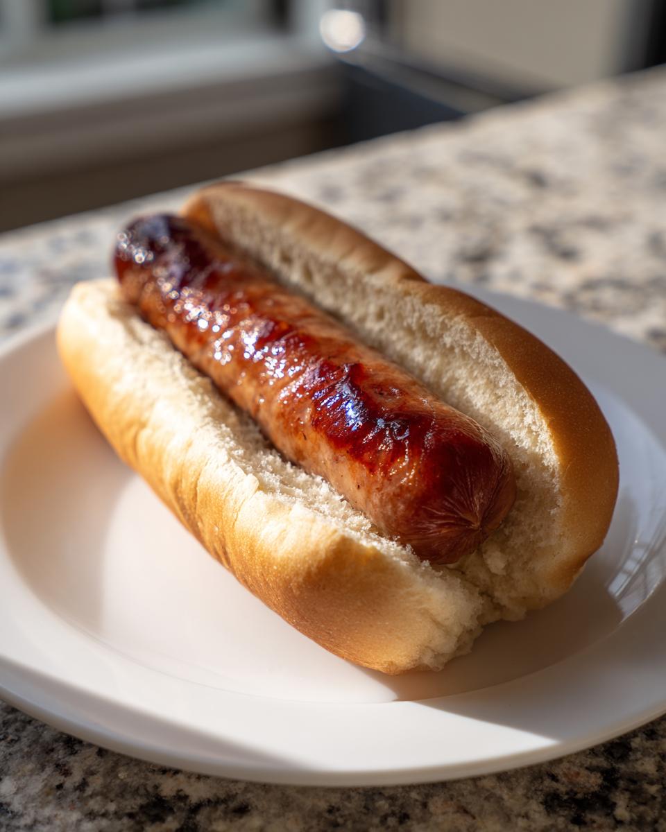 A juicy, browned hot dog nestled in a soft bun, ready to eat after preparing hot dogs using an air fryer.