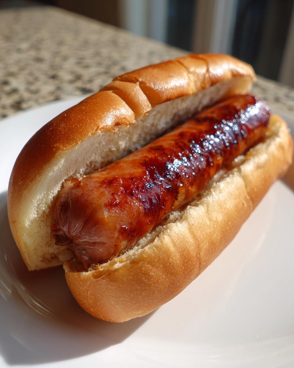 A close-up of a perfectly browned, juicy hot dog in a soft bun, ready after preparing hot dogs using an air fryer.