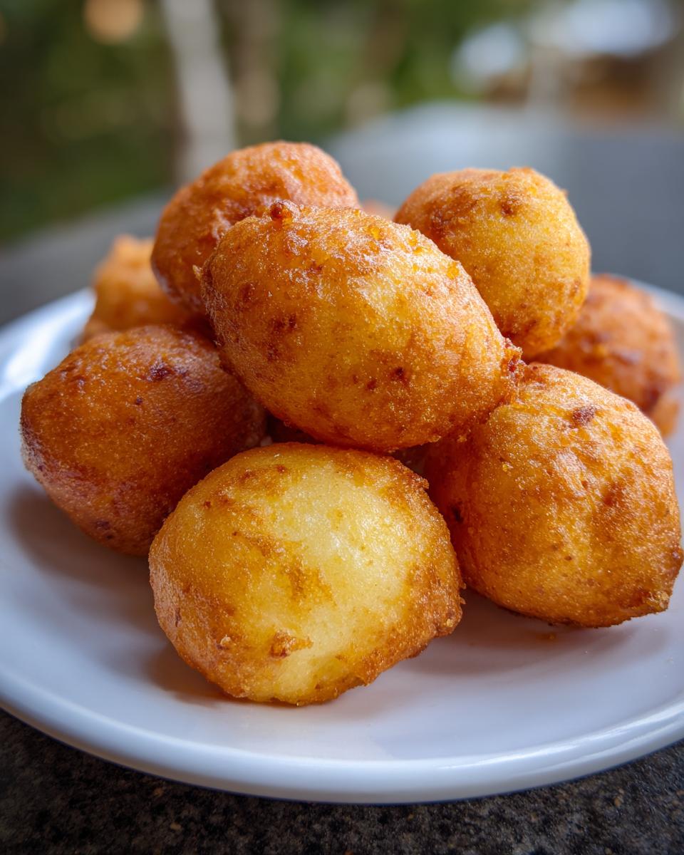 Close-up of golden brown, puffed mini corn dogs with cornbread swirls piled on a white plate.