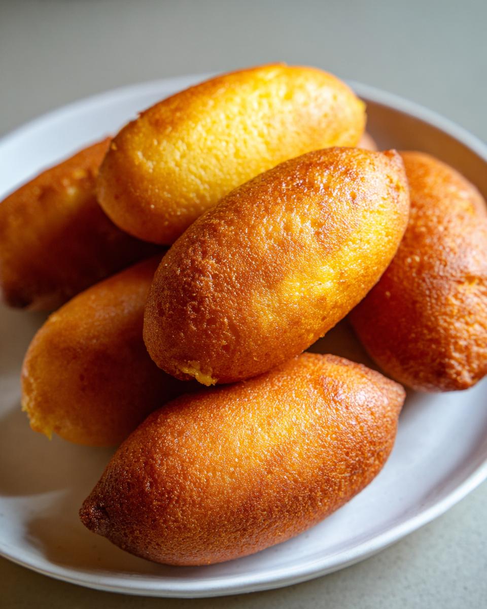 Close-up of golden brown, oval-shaped mini corn dogs with cornbread swirls stacked on a white plate.