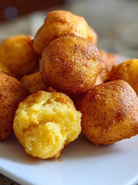 A pile of golden brown, round mini corn dogs with cornbread swirls on a white plate.