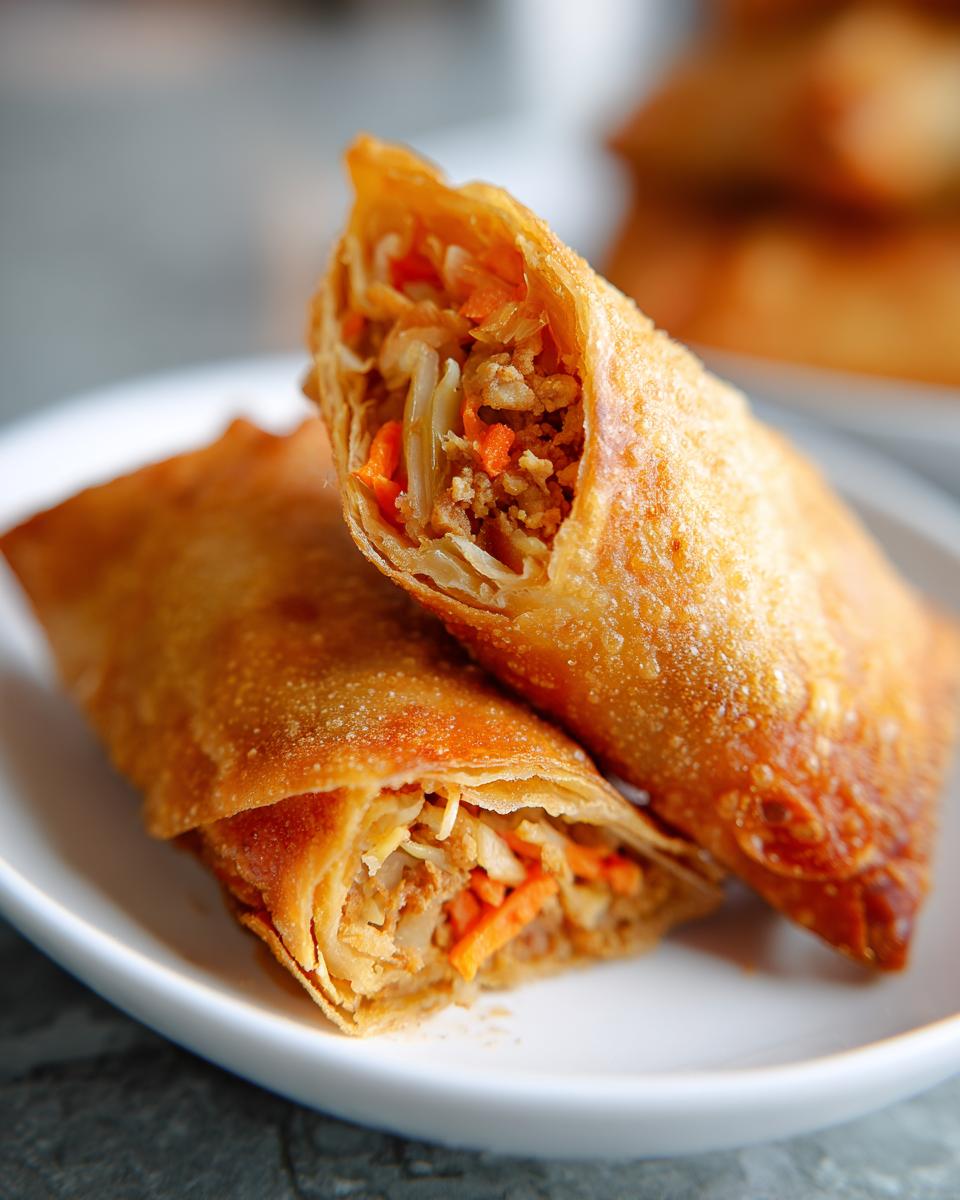 Two halves of a crispy Air Fryer Pork Egg Rolls showing the savory filling of shredded cabbage and carrots.