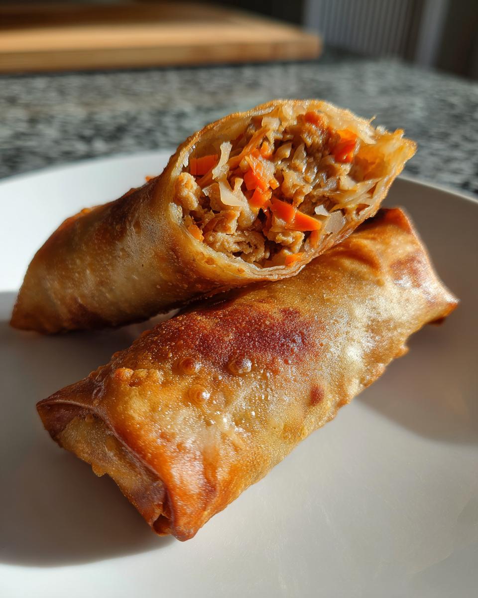 Two crispy Air Fryer Pork Egg Rolls on a white plate, one cut in half showing the savory pork and vegetable filling.