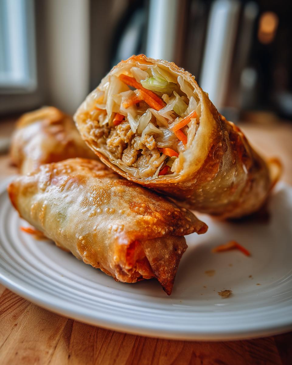 Close-up of crispy Air Fryer Pork Egg Rolls, one cut in half showing pork filling and shredded carrots/cabbage.