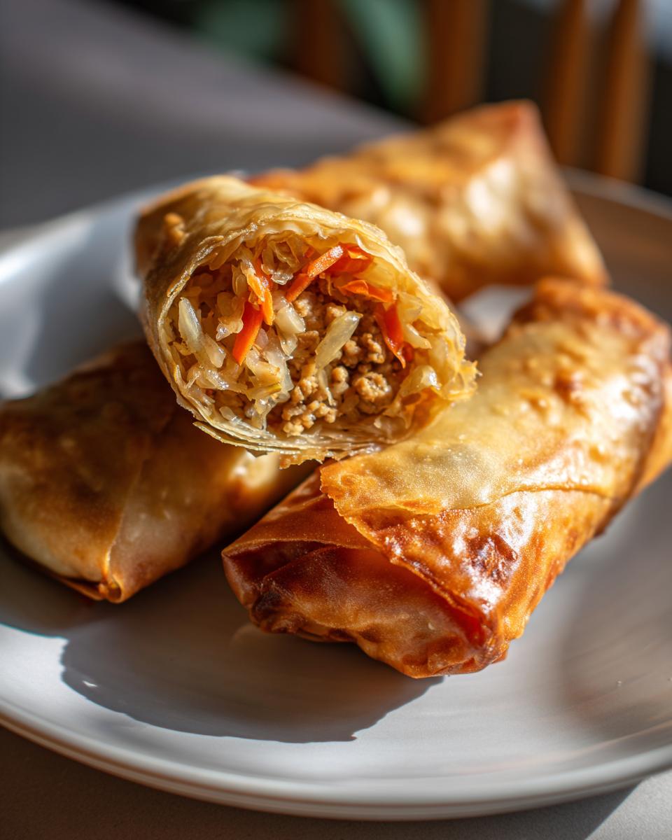 Close-up of crispy Air Fryer Pork Egg Rolls, one cut open showing pork filling and shredded carrots/cabbage.