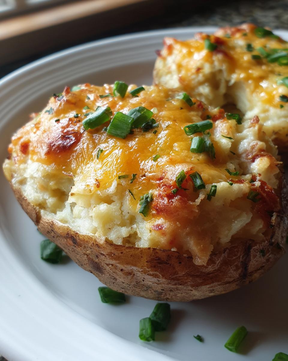 Close-up of a perfectly cooked twice baked potato, stuffed with creamy filling, topped with melted cheddar cheese and fresh chives.