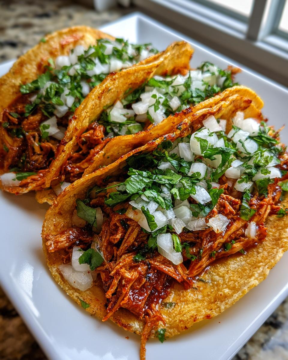 Close-up of three freshly made Chicken Street Tacos filled with shredded chicken and topped with diced white onion and cilantro.