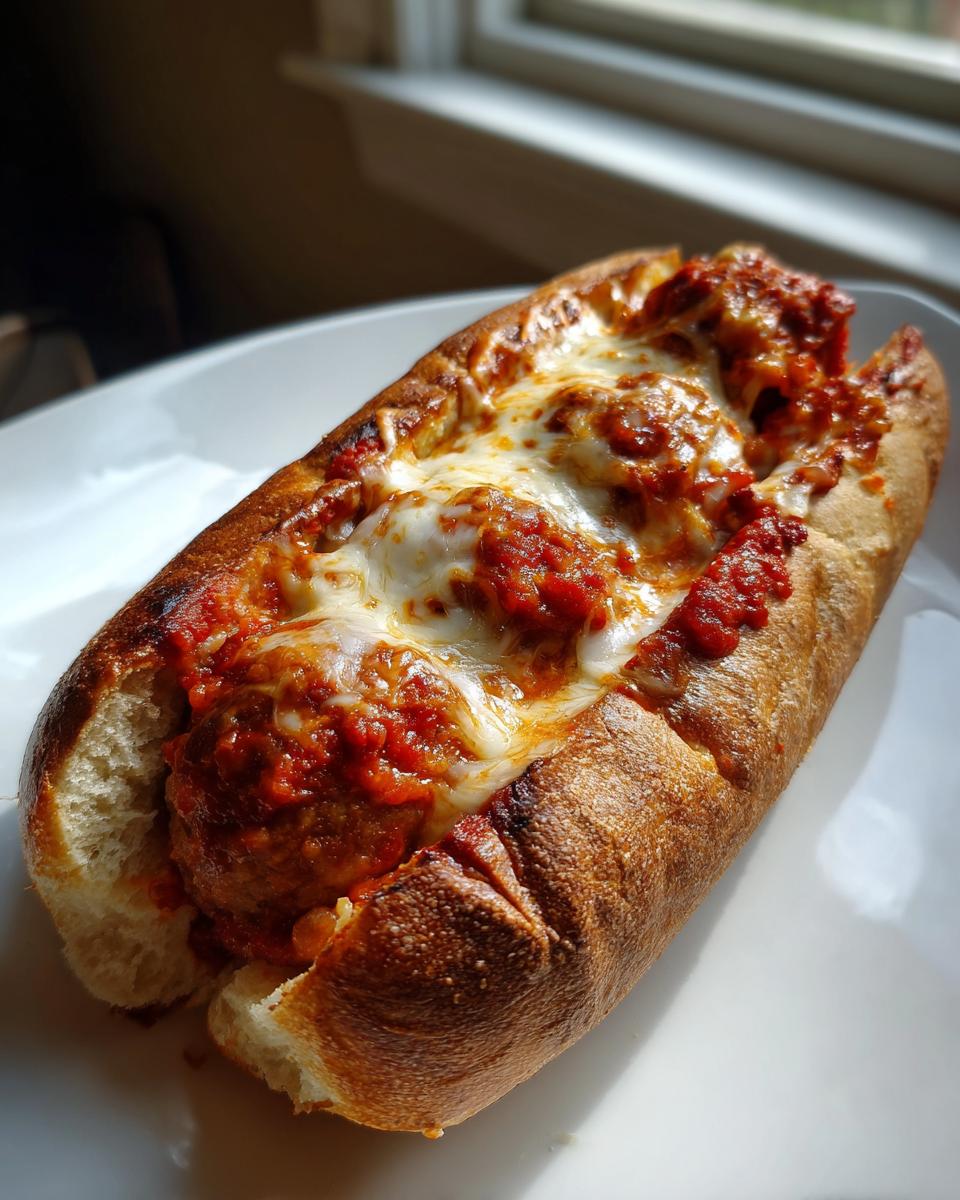 A close-up of a toasted roll filled with meatballs, marinara sauce, and melted mozzarella cheese for amazing Meatball Subs.