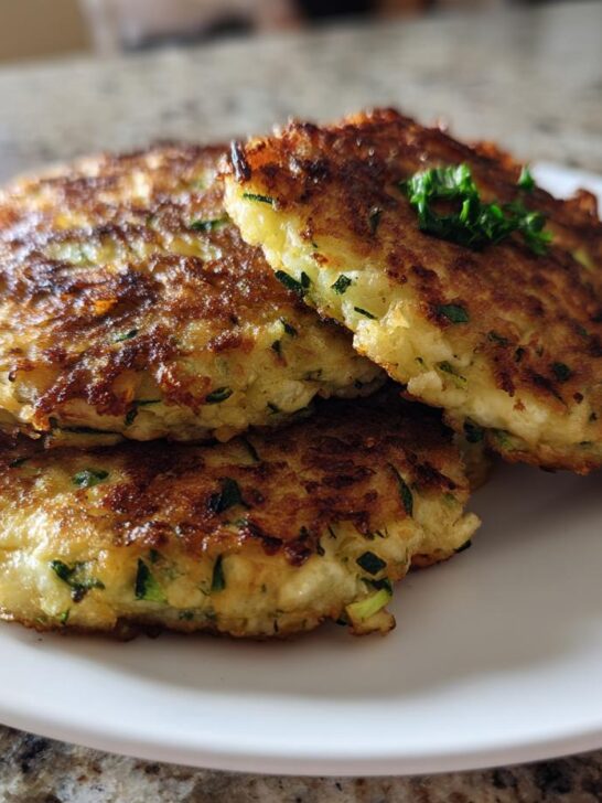 A stack of three golden brown, pan-fried Zucchini Fritters garnished with fresh parsley on a white plate.