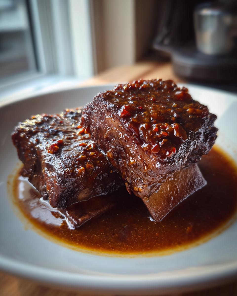 Close-up of two tender Apple Cider Braised Short Ribs glistening with a rich, dark glaze and chili flakes.