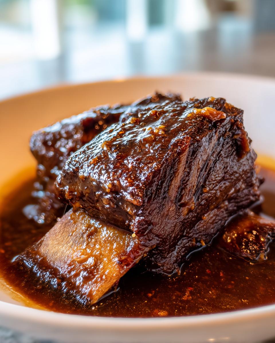 Close-up of tender Apple Cider Braised Short Ribs coated in a rich, dark glaze, sitting in sauce.
