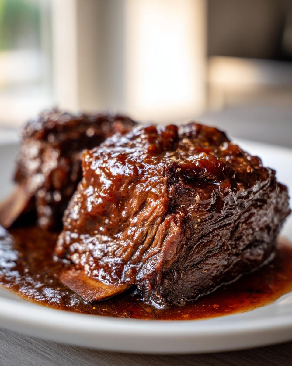 Two tender Apple Cider Braised Short Ribs covered in a rich, dark glaze, resting in sauce on a white plate.