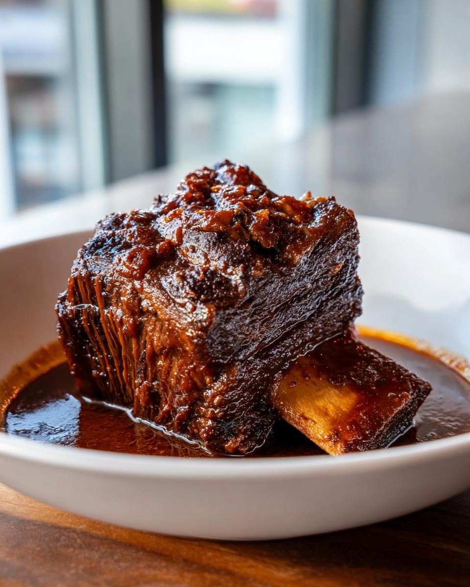 A close-up of a single, tender Apple Cider Braised Short Ribs served in a rich, dark sauce in a white bowl.