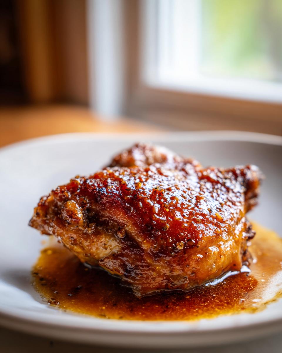 Close-up of a perfectly cooked, glazed chicken piece from Apple Cider Vinegar Braised Chicken recipe.