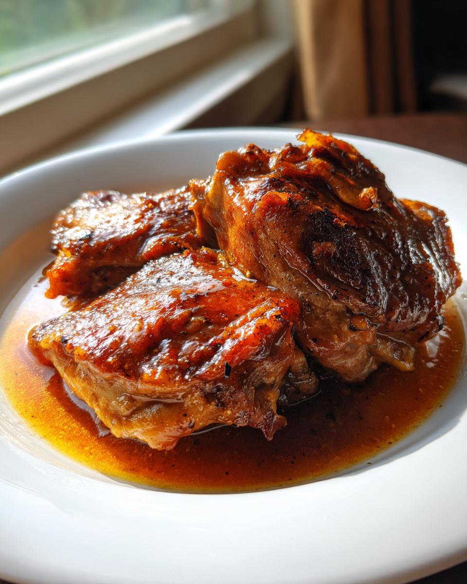 Close-up of three pieces of rich, glazed Apple Cider Vinegar Braised Chicken resting in savory sauce on a white plate.