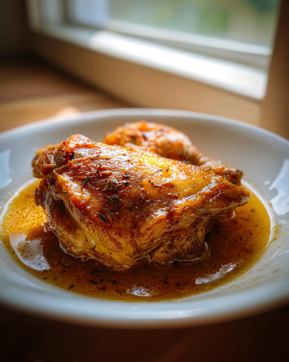 Close-up of a perfectly browned Apple Cider Vinegar Braised Chicken thigh sitting in its savory sauce.