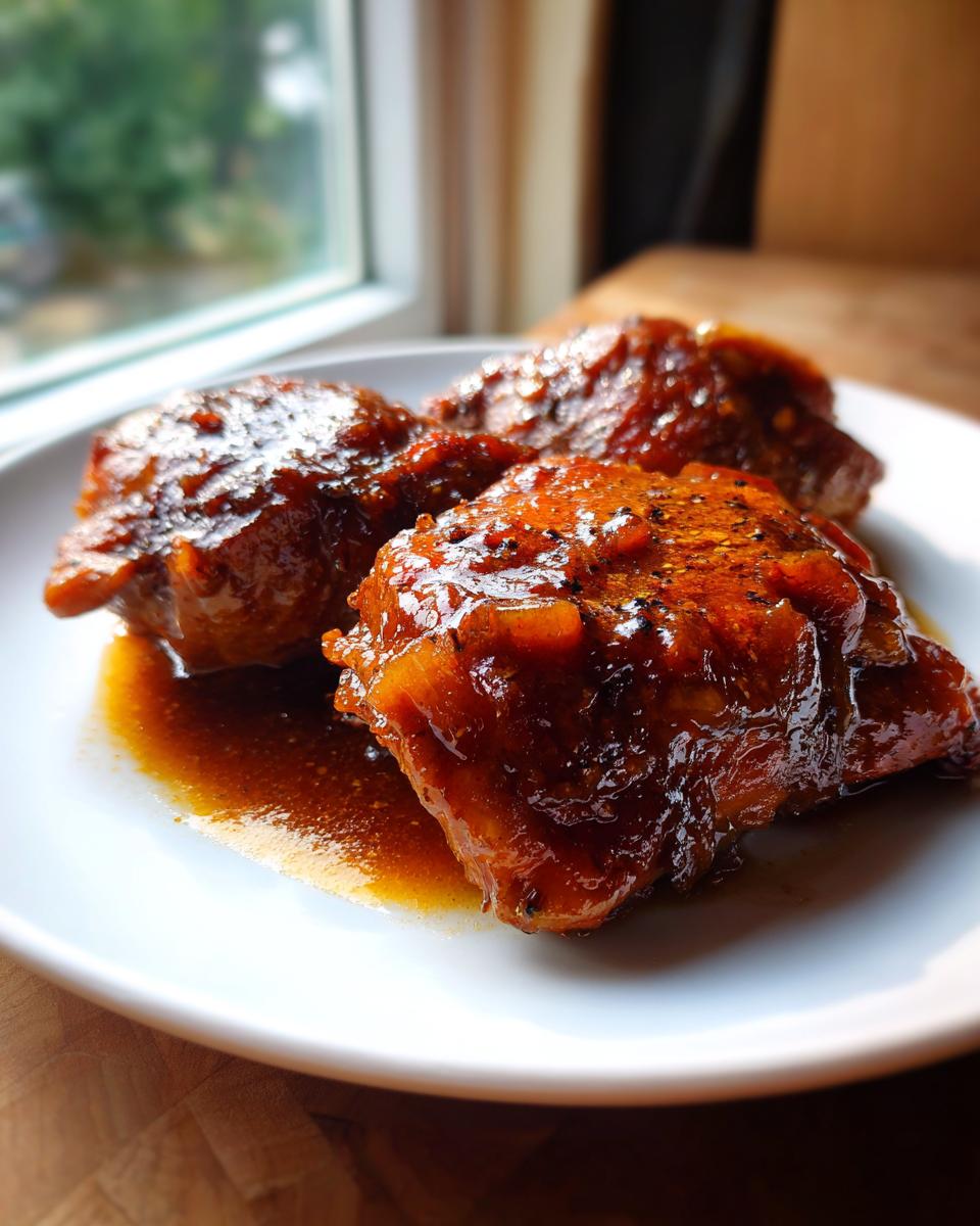 Three pieces of glossy, dark glazed Apple Cider Vinegar Braised Chicken served on a white plate.